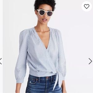 Madewell wrap tie cotton blouse in indigo stripe size cropped size small